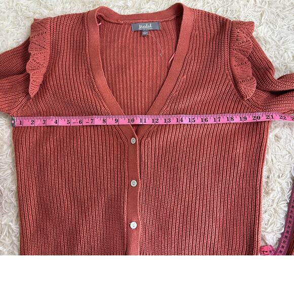 Marled Reunited Clothing Women's Sz L Mauve Ruffle Shoulder Cardigan #0378 - Picture 10 of 11